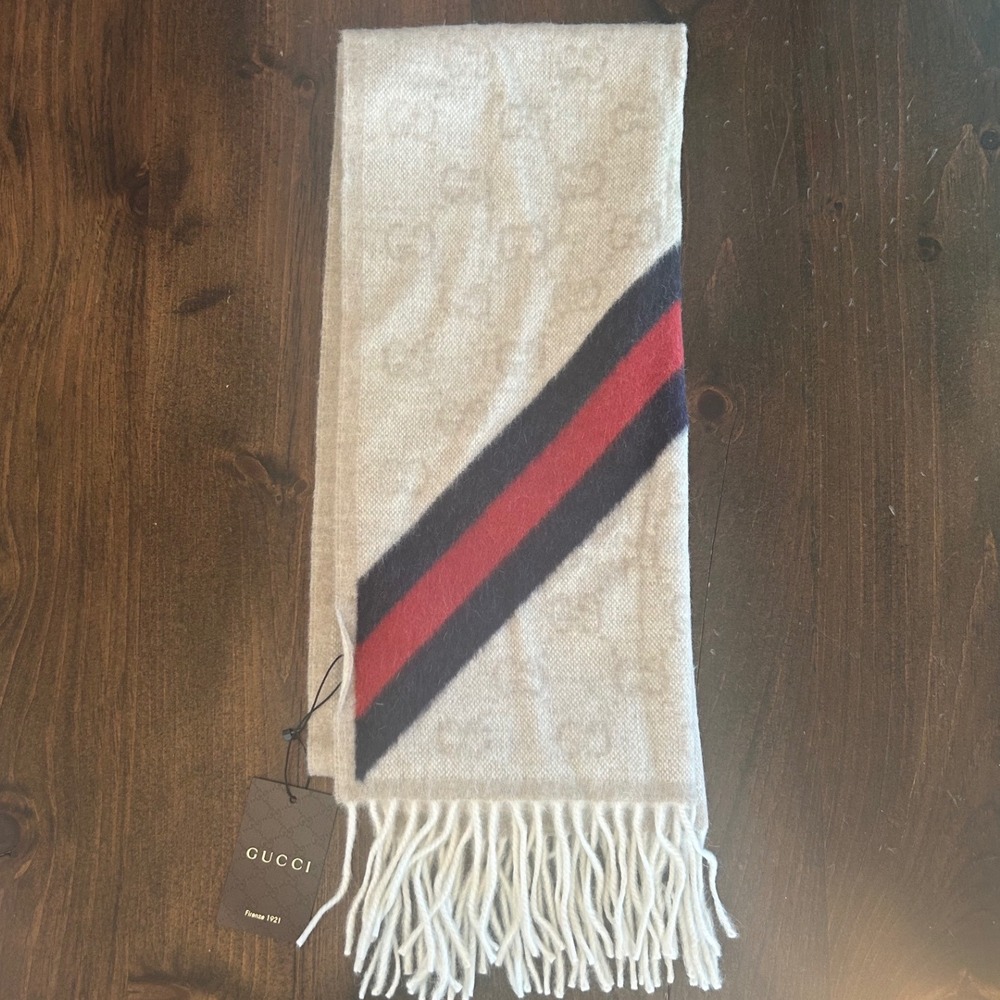 Gucci Nikky Scarf Wool Angora Monogram Stripe Fringe Italy Luxury Soft Classic - Picture 4 of 11